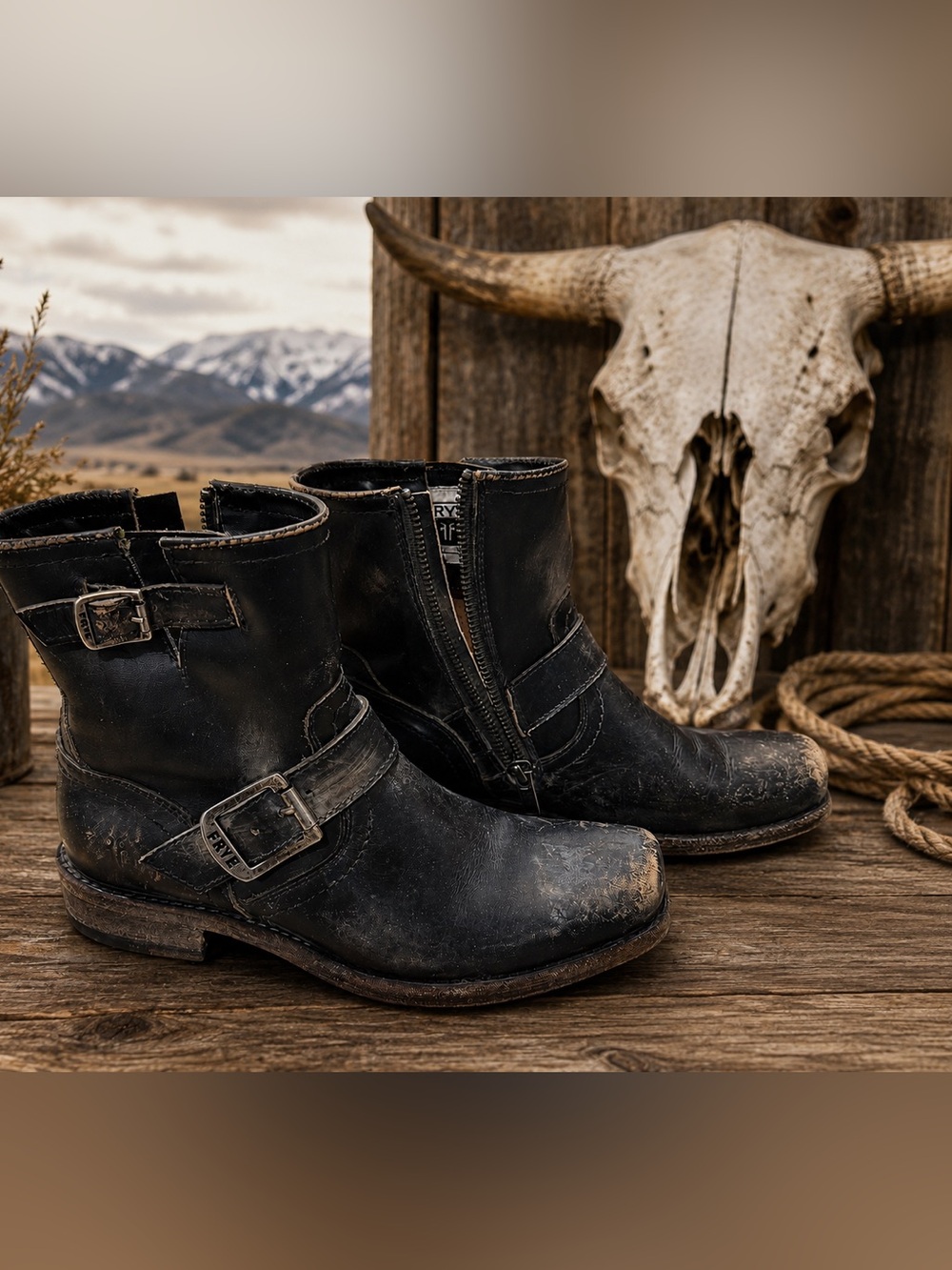 Women’s Black Leather Ankle Boots with Buckle, perfectly distressed biker boots.